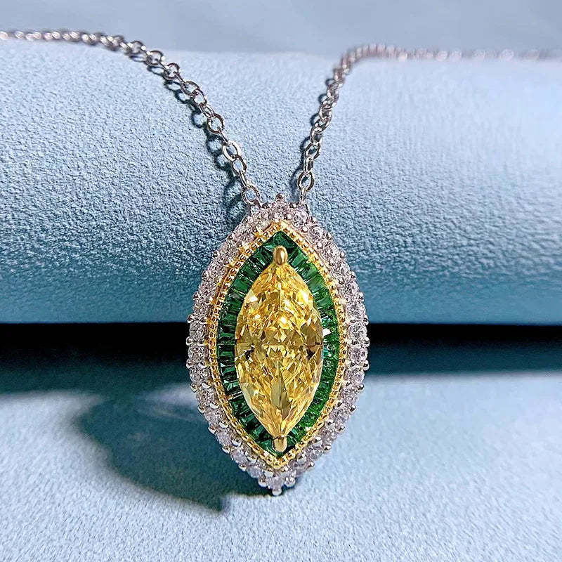 Yellow & Green Dazzling Marquise Cut Moissanite Diamond Pendant Luxury 18k White Gold Plated Necklace | Mix Mix Style