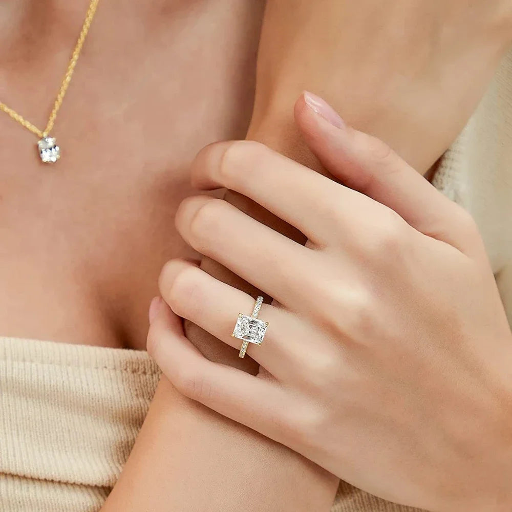 Dainty White Radiant Cut Moissanite Diamonds 18k White Vermeil Gold Luxury Engagement Ring | Mix Mix Style-Mix MIx Style