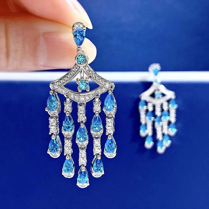 Blue & White Tassel Timeless Pear Cut Moissanite Diamond Luxury 18k White Gold Plated Drop Earrings | Mix Mix Style
