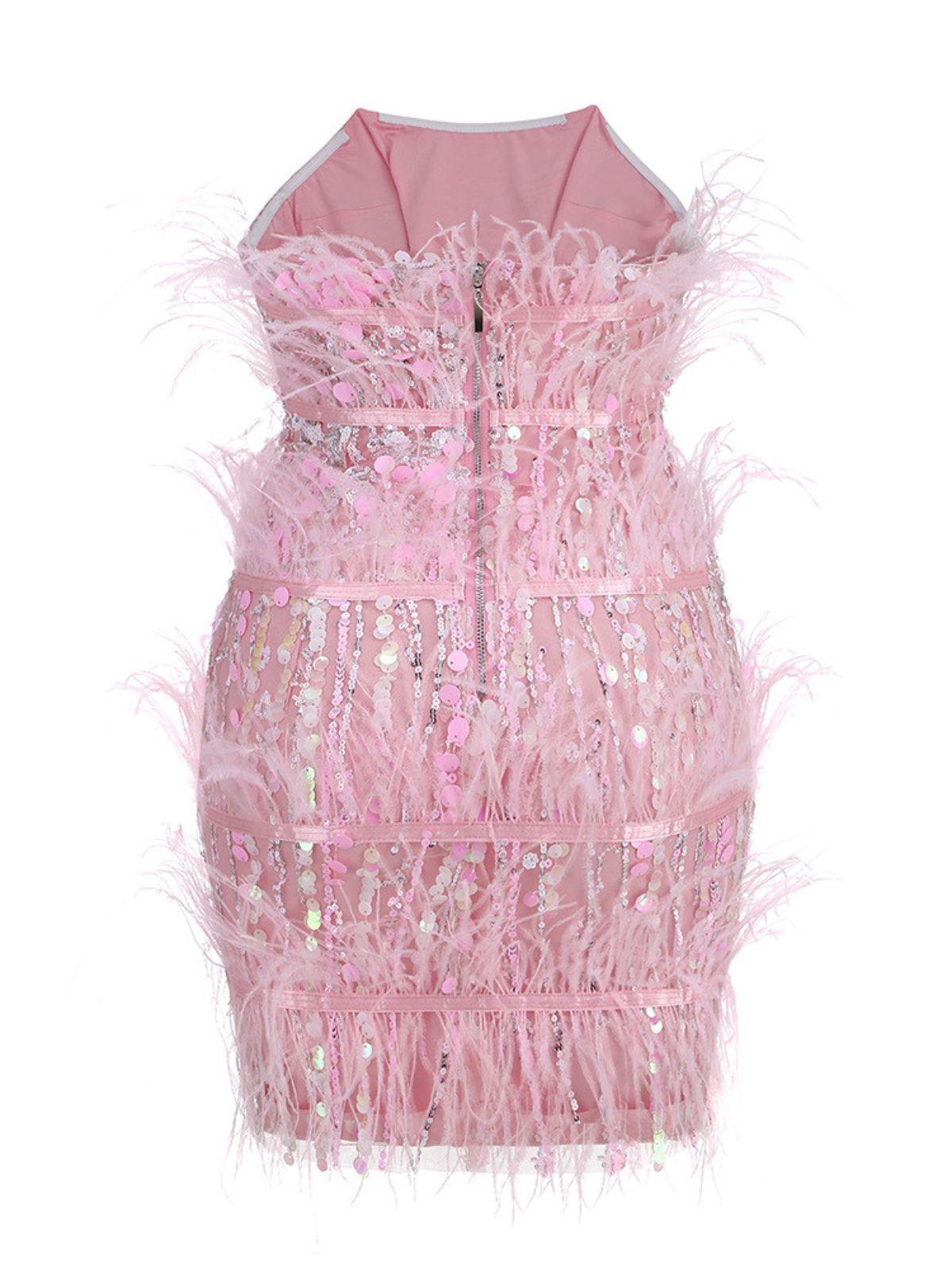 Pink Strapless Sequin Feather Mini Dress | Mix Mix Style [Hot Seller]-Mix MIx Style