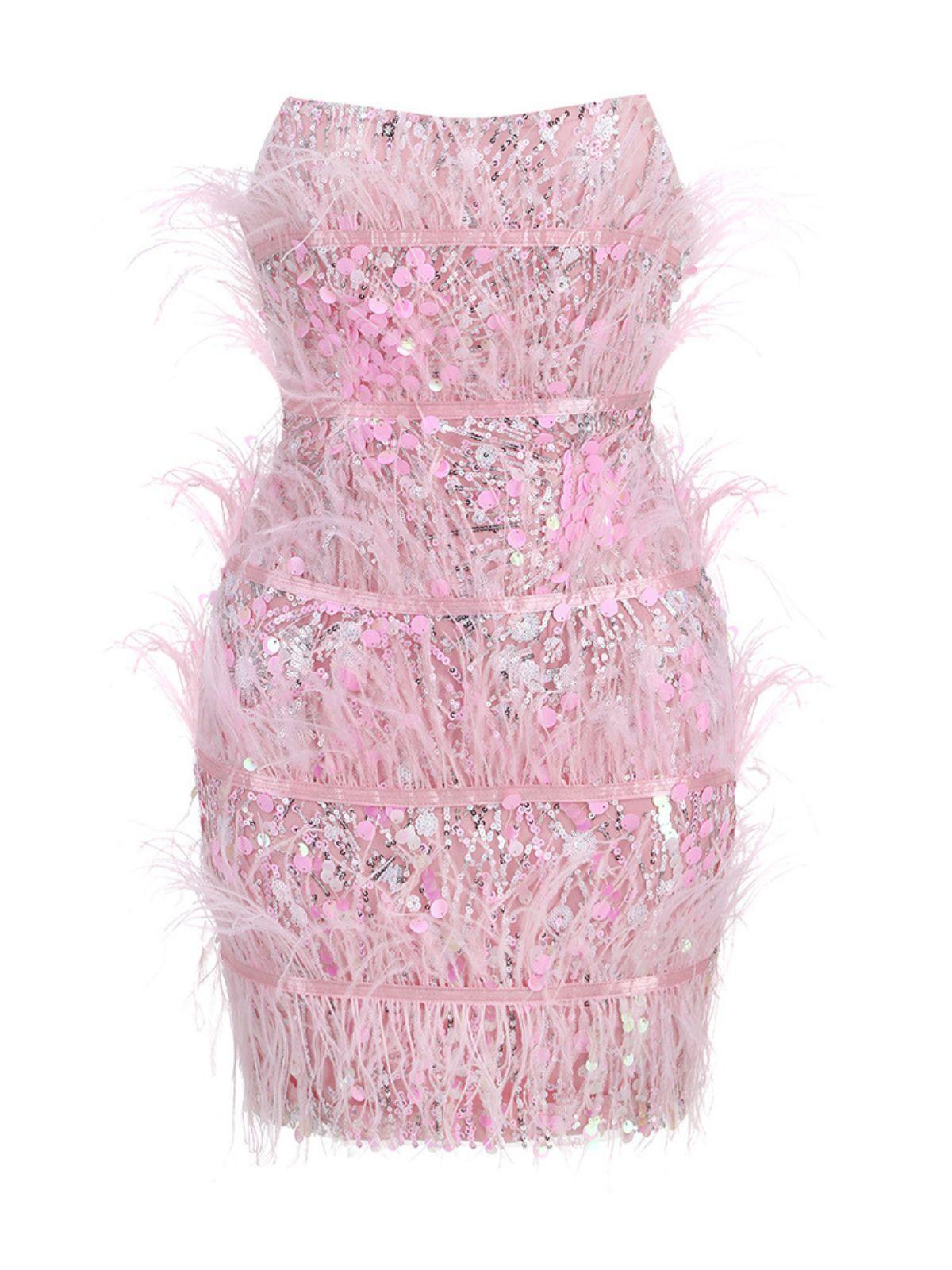 Pink Strapless Sequin Feather Mini Dress | Mix Mix Style [Hot Seller]-Mix MIx Style