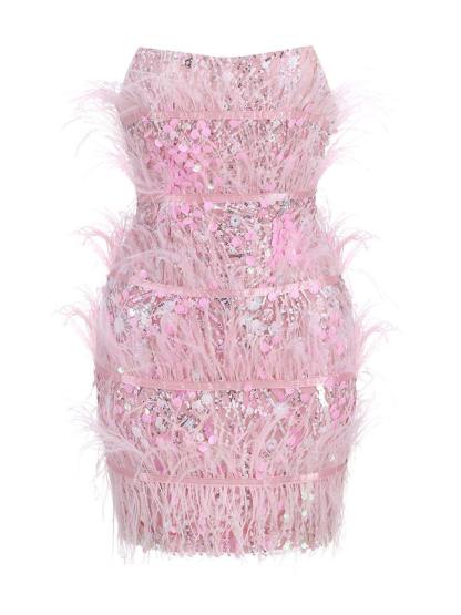 Pink Strapless Sequin Feather Mini Dress | Mix Mix Style [Hot Seller]-Mix MIx Style