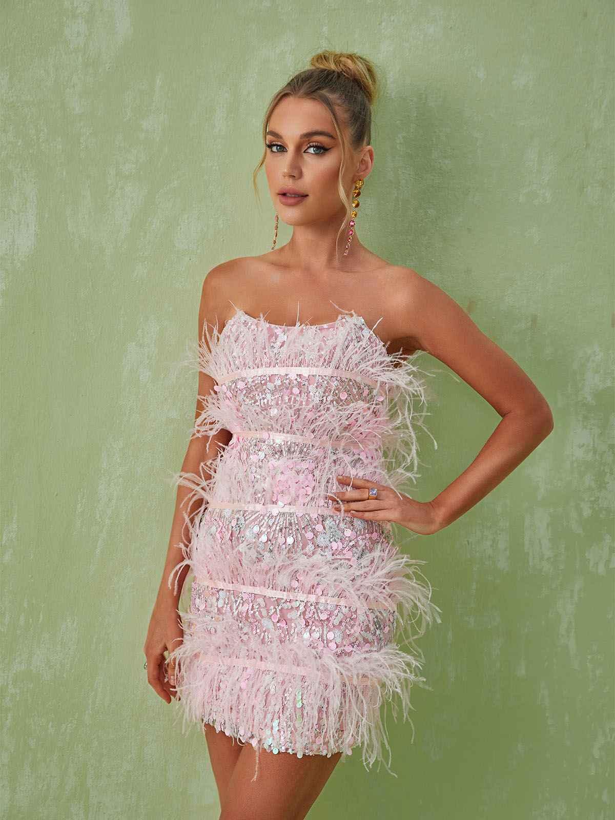Pink Strapless Sequin Feather Mini Dress | Mix Mix Style [Hot Seller]-Mix MIx Style