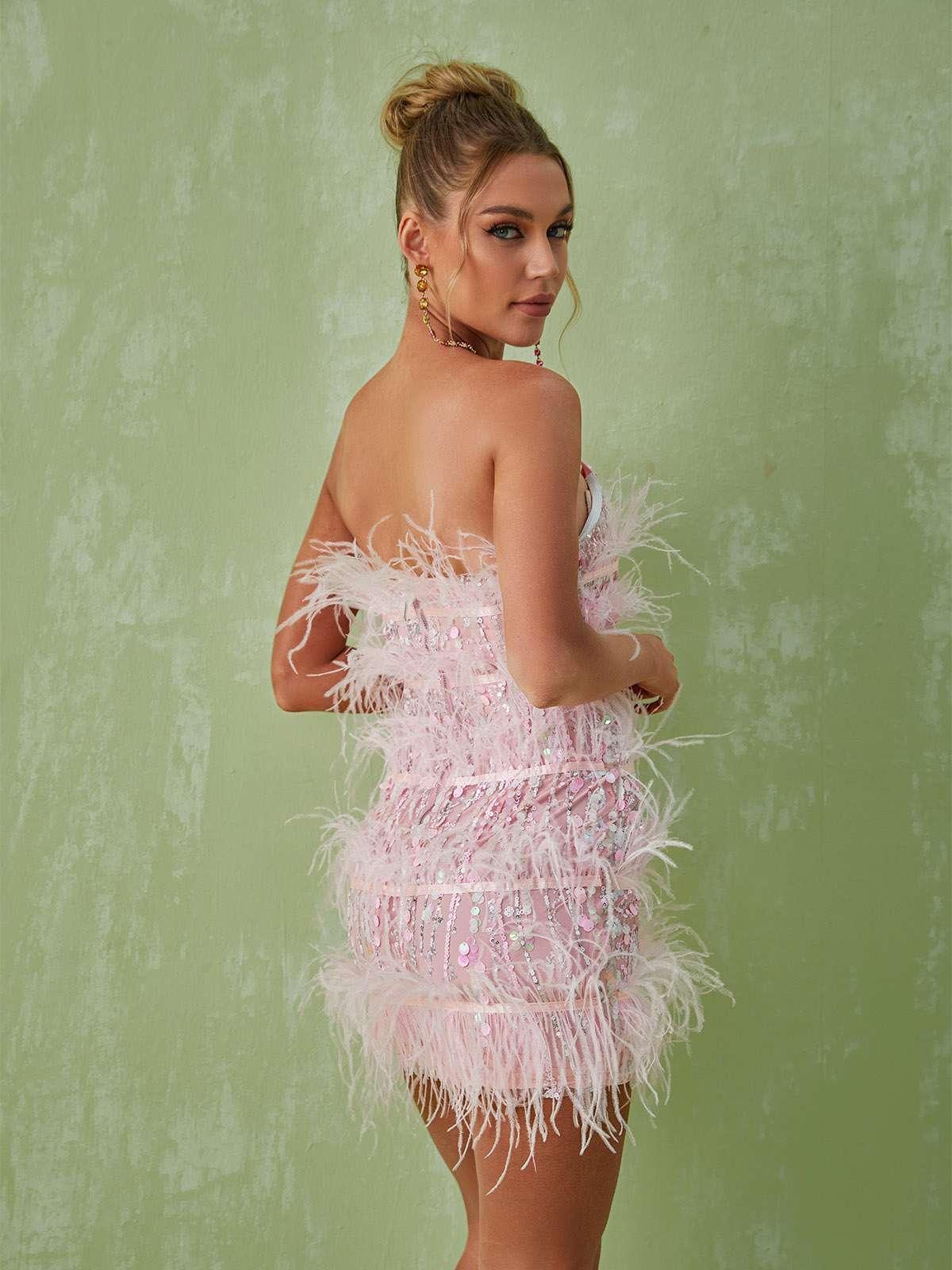 Pink Strapless Sequin Feather Mini Dress | Mix Mix Style [Hot Seller]-Mix MIx Style