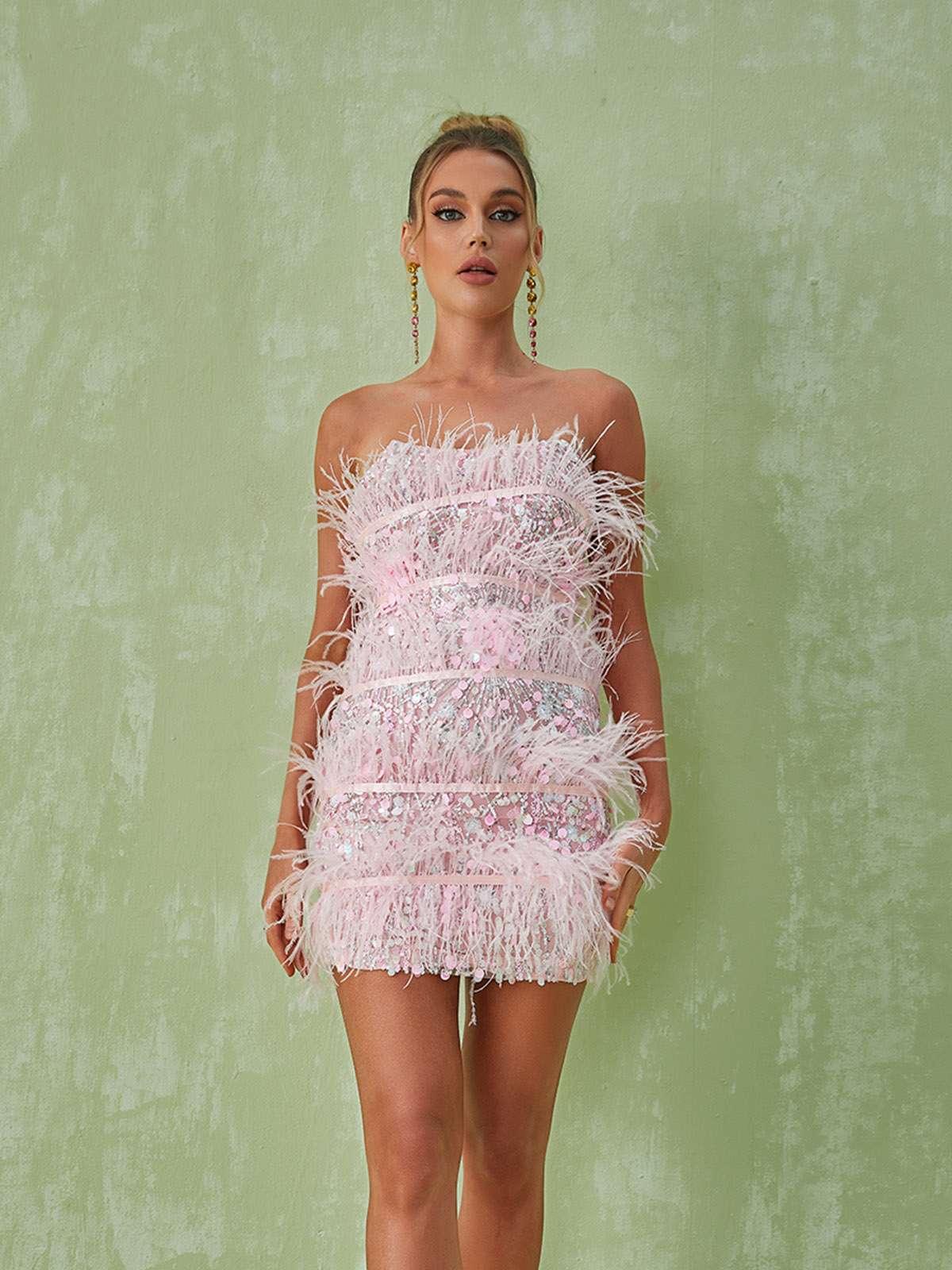 Pink Strapless Sequin Feather Mini Dress | Mix Mix Style [Hot Seller]-Mix MIx Style