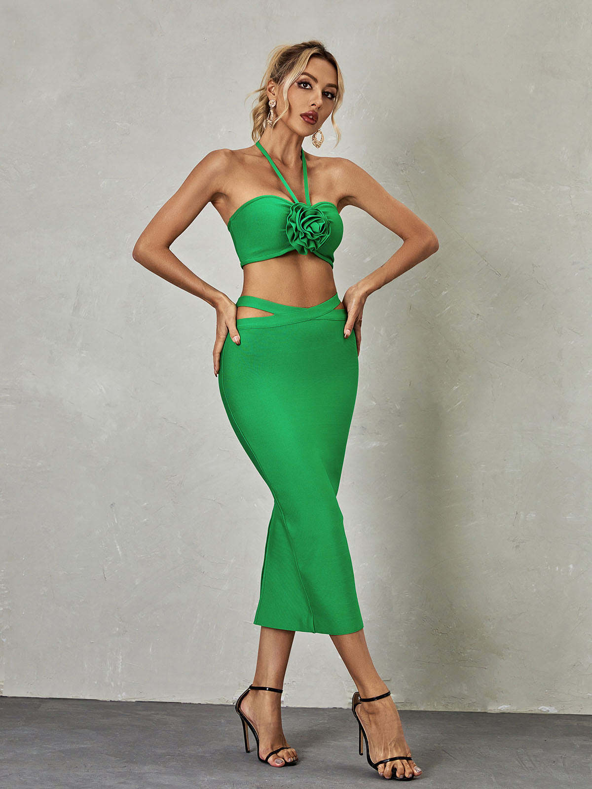 Green Halterneck Bandage Top & Midi Skirt Set | Mix Mix Style [Hot Seller]-Mix MIx Style