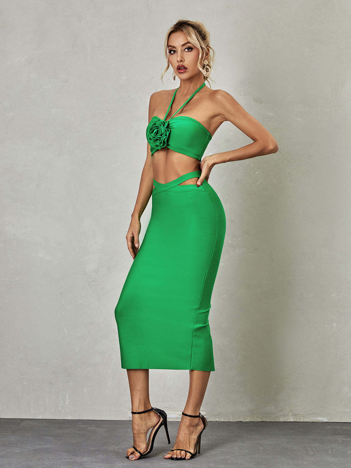 Green Halterneck Bandage Top & Midi Skirt Set | Mix Mix Style [Hot Seller]-Mix MIx Style