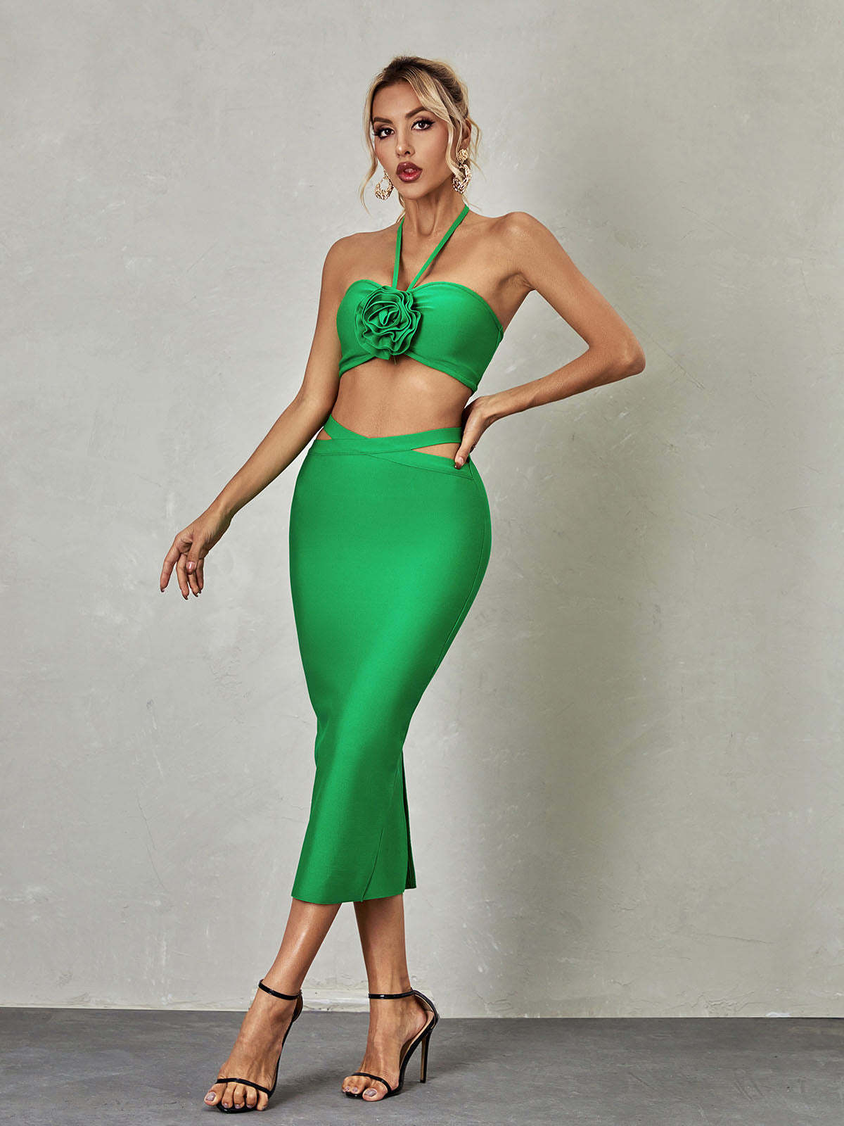 Green Halterneck Bandage Top & Midi Skirt Set | Mix Mix Style [Hot Seller]-Mix MIx Style
