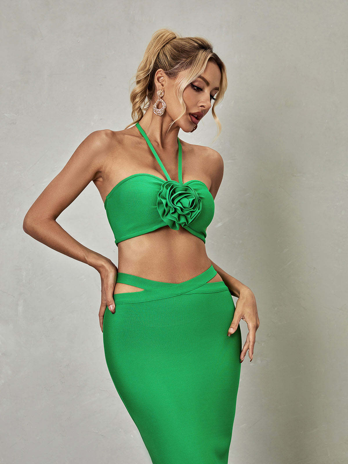 Green Halterneck Bandage Top & Midi Skirt Set | Mix Mix Style [Hot Seller]-Mix MIx Style