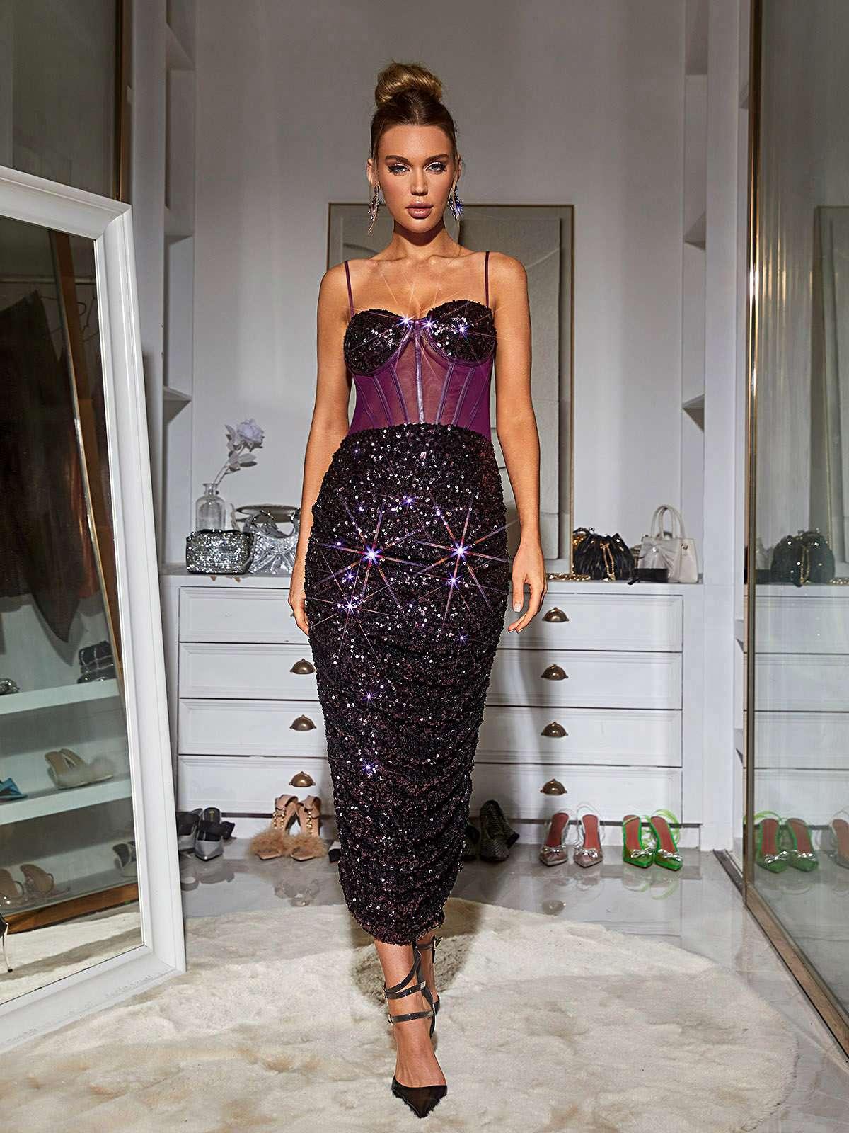 Purple Corset Sequin Midi Dress | Mix Mix Style [Hot Seller]-Mix MIx Style