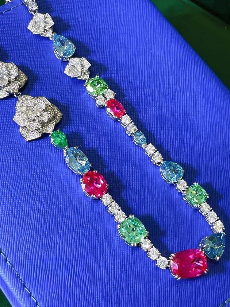 Fashionable Flower Multicolor Candy Diamonds 18k White Gold Necklace | Mix Mix Style-Mix MIx Style