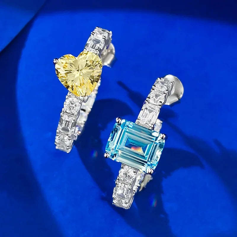 Yellow & Blue Trendy Heart Radiant Cut Moissanite Diamonds Elegant 18k White Gold Plated Hoop Earrings | Mix Mix Style