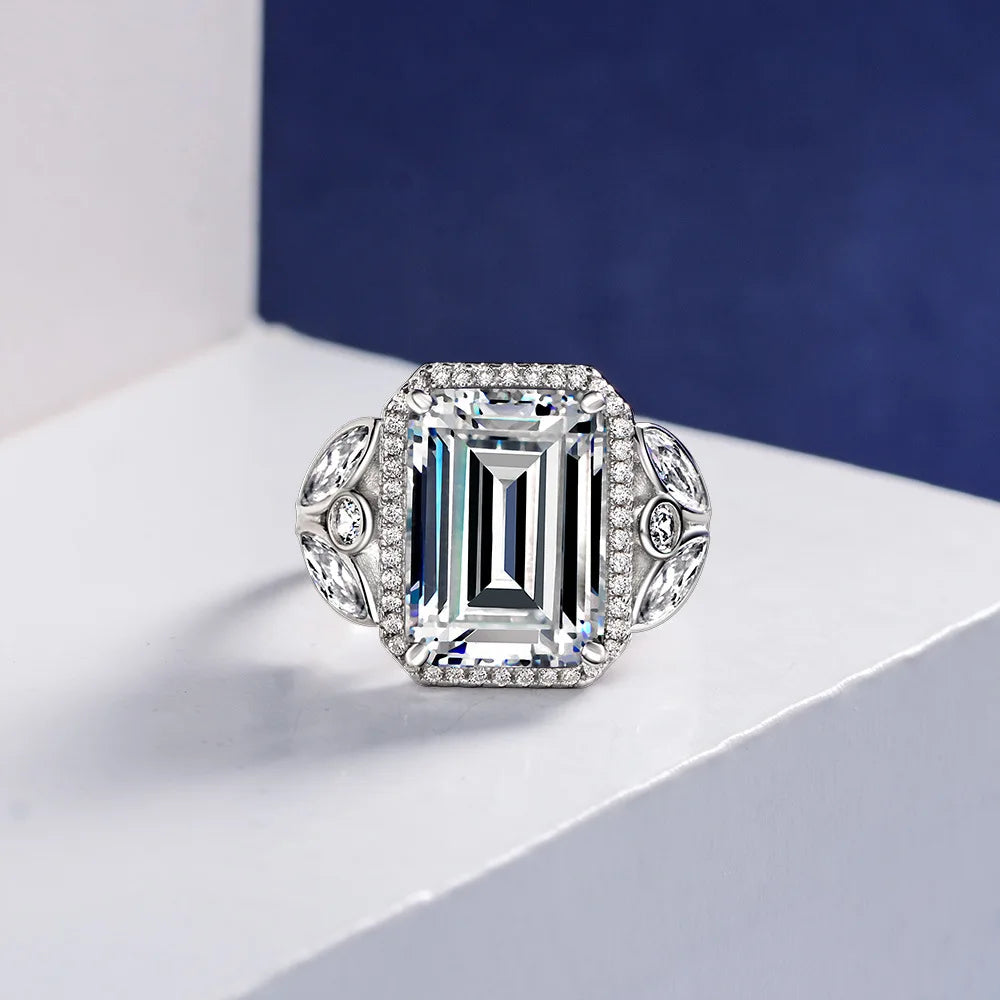 Dazzle Royal Blue Emerald Cut Moissanite Diamonds 18k White Gold Plated Engagement Ring-Mix MIx Style