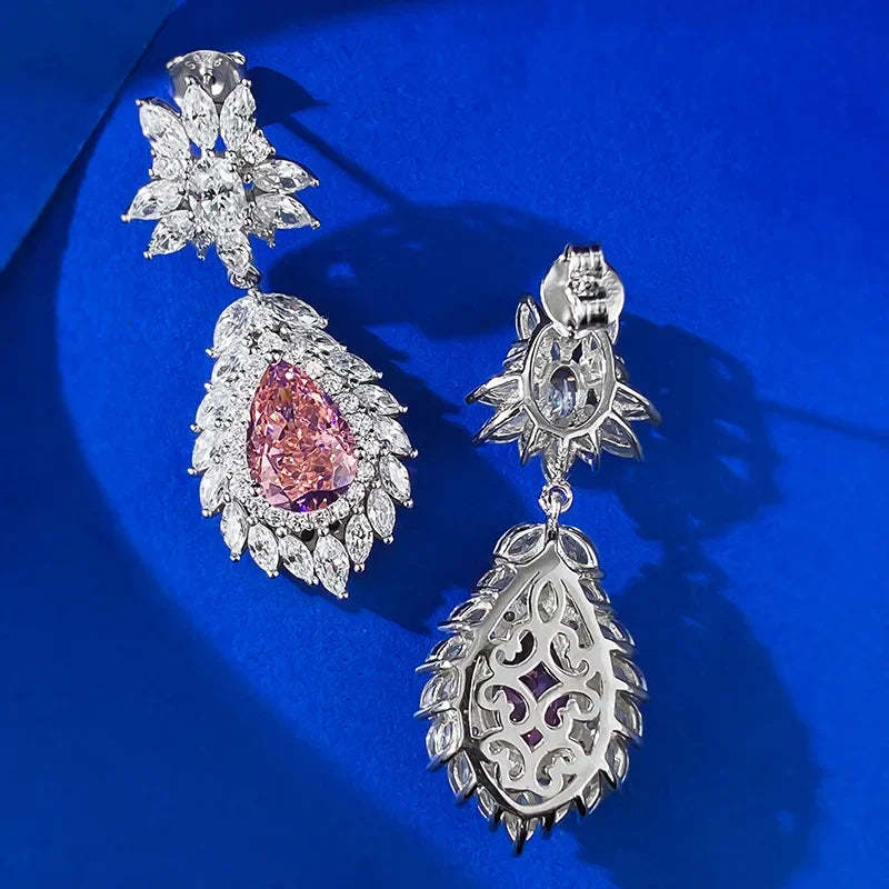 Valuable Pink Pear Cut Diamond Dangle Drop 18k White Gold Plated Earrings | Mix Mix Style-Mix MIx Style