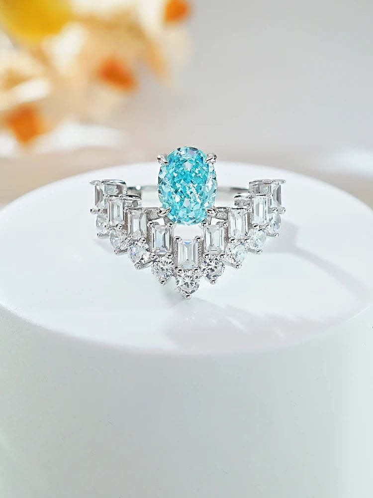 Double Row Ocean Blue Oval Cut Moissanite Diamond 18k White Gold Plated Engagement Ring-Mix MIx Style