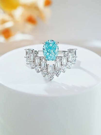 Double Row Ocean Blue Oval Cut Moissanite Diamond 18k White Gold Plated Engagement Ring-Mix MIx Style