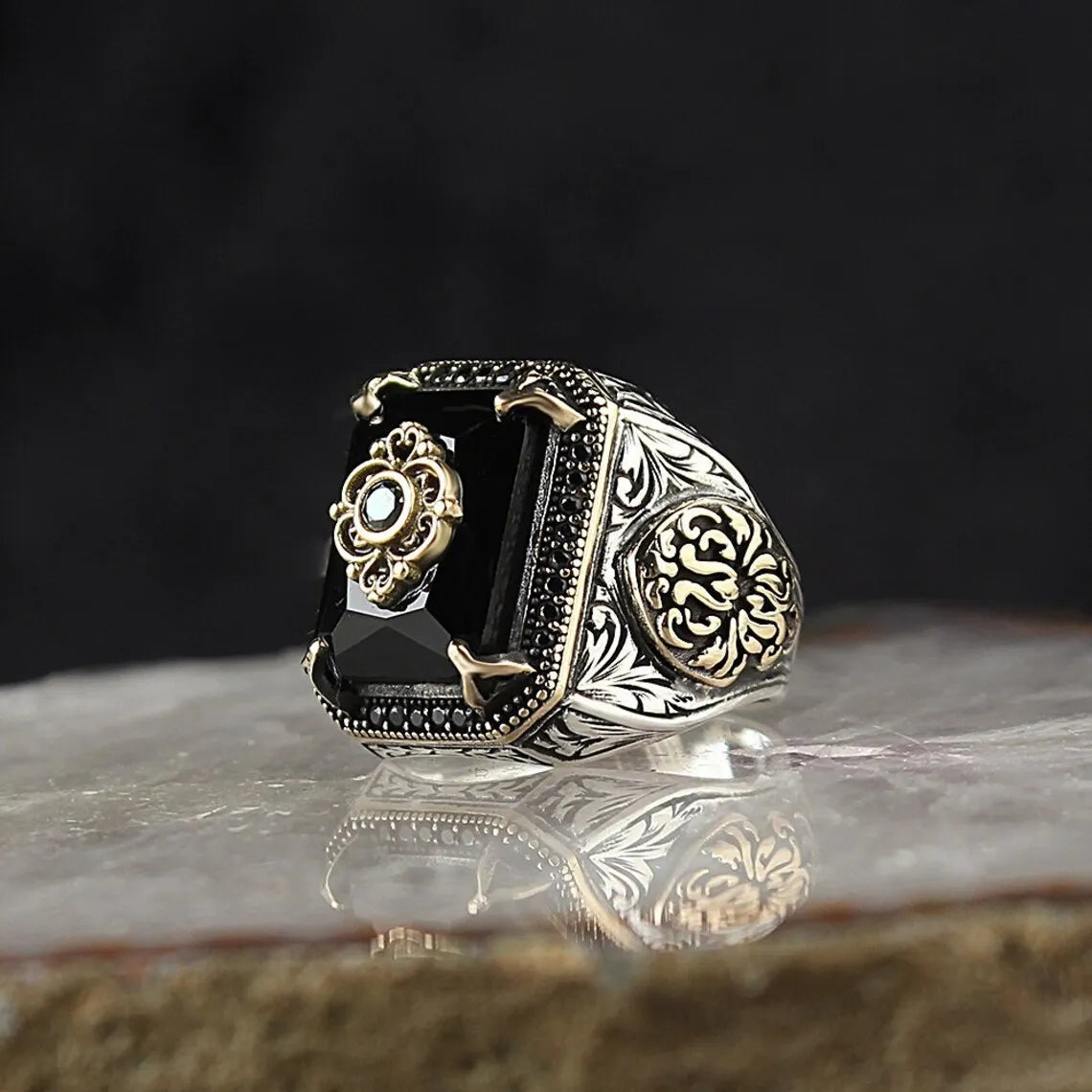 Antique Black - Green - Blue Radiant Cut Moissanite Diamond 18k Vermeil Gold Plated Luxurious Ring | Mix Mix Style