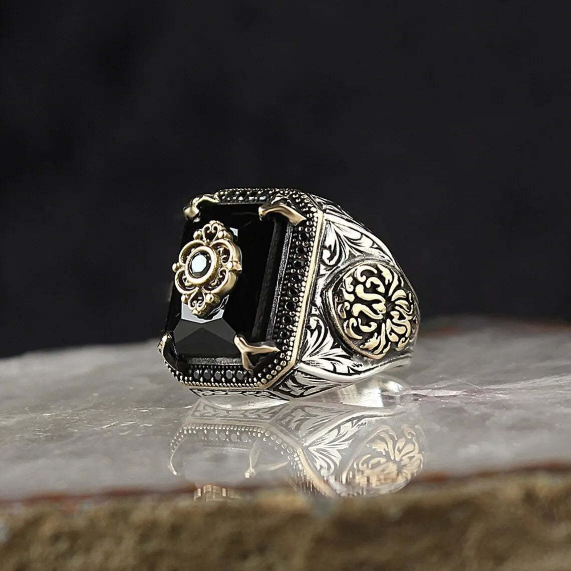 Antique Black - Green - Blue Radiant Cut Moissanite Diamond 18k Vermeil Gold Plated Luxurious Ring | Mix Mix Style