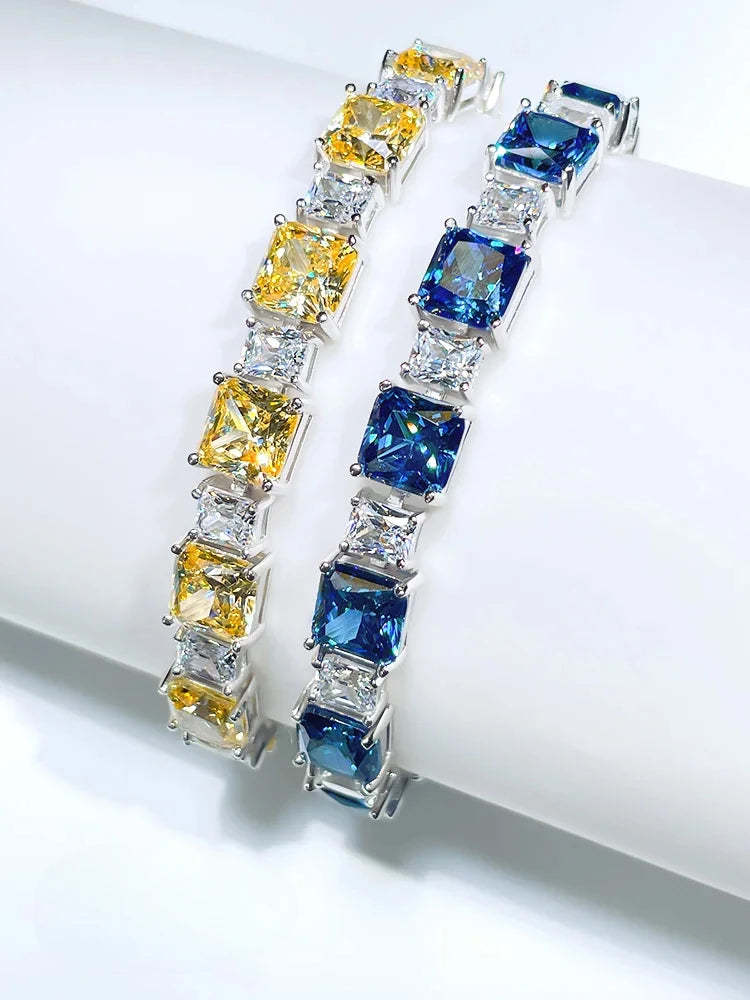 White & Blue Dazzling Asscher Cut Moissanite Diamonds Elegant 18k White Gold Plated Bacelet | Mix Mix Style