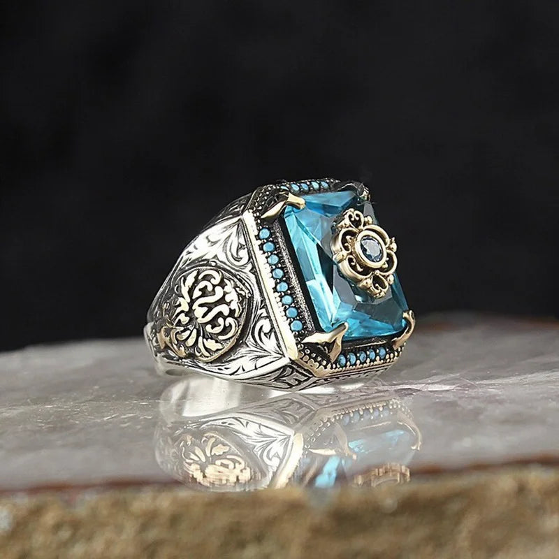 Antique Black - Green - Blue Radiant Cut Moissanite Diamond 18k Vermeil Gold Plated Luxurious Ring | Mix Mix Style