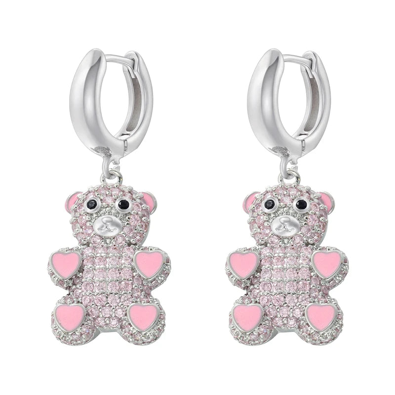 ZHUKOU Cute Bear drop earrings Rainbow cubic zirconia small hoop earrings Enamel drip oil Bear women earrings wholesale VE1141