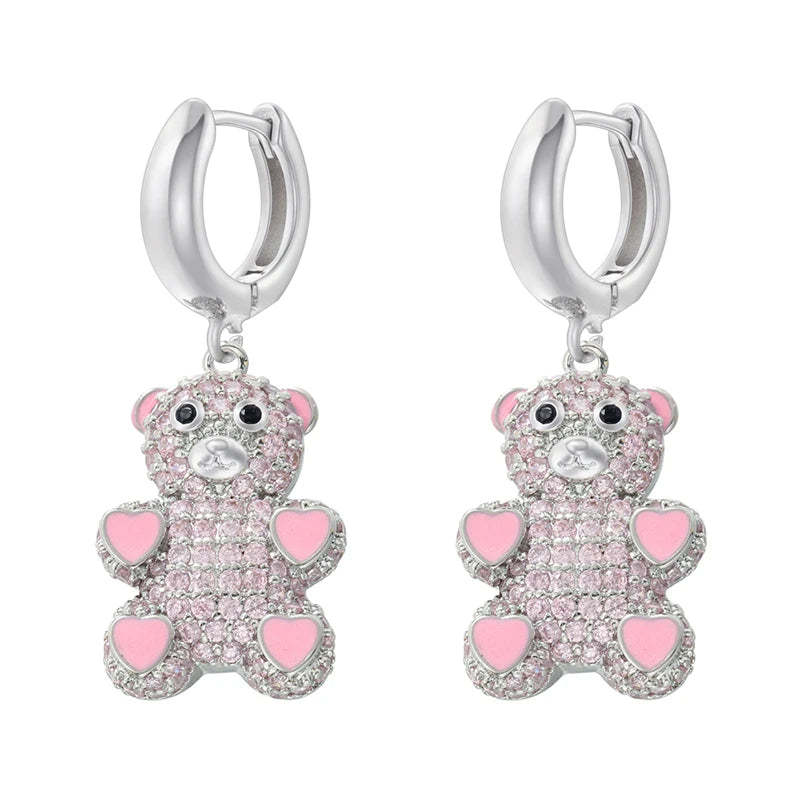 ZHUKOU Cute Bear drop earrings Rainbow cubic zirconia small hoop earrings Enamel drip oil Bear women earrings wholesale VE1141