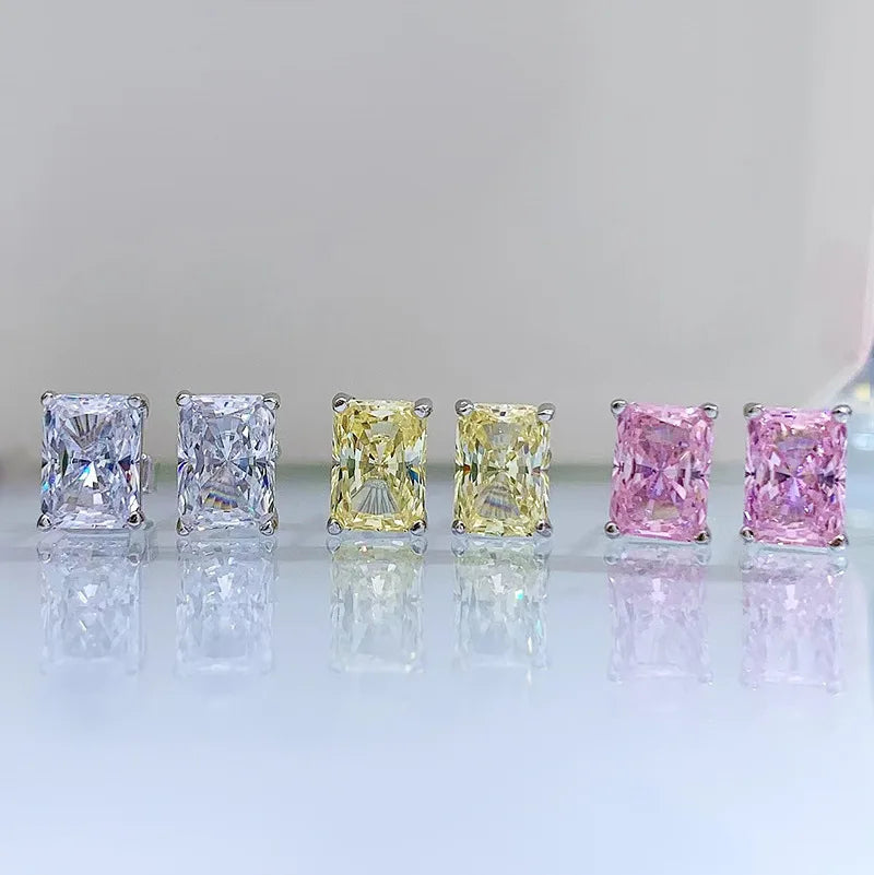 Pink - Yellow Dainty Classic Radiant Cut Moissanite Diamond 1ct Elegant 18k White Gold Plated Stud Earrings | Mix Mix Style