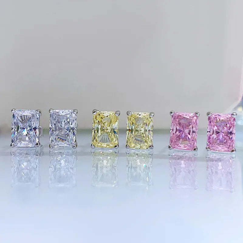 Pink - Yellow Dainty Classic Radiant Cut Moissanite Diamond 1ct Elegant 18k White Gold Plated Stud Earrings | Mix Mix Style