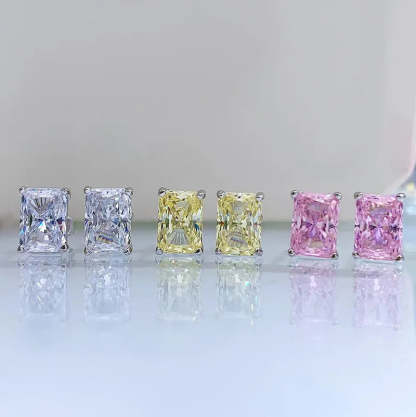 Pink - Yellow Dainty Classic Radiant Cut Moissanite Diamond 1ct Elegant 18k White Gold Plated Stud Earrings | Mix Mix Style