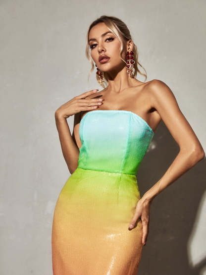 Rainbow Strapless Sequin Ombre Maxi Dress | Mix Mix Style [Hot Seller]-Mix MIx Style