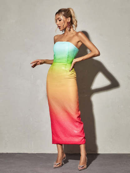 Rainbow Strapless Sequin Ombre Maxi Dress | Mix Mix Style [Hot Seller]-Mix MIx Style