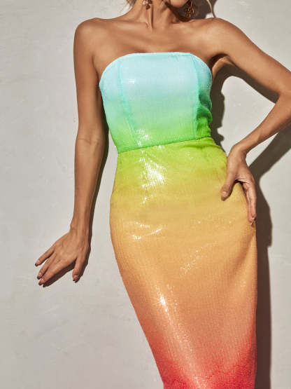Rainbow Strapless Sequin Ombre Maxi Dress | Mix Mix Style [Hot Seller]-Mix MIx Style