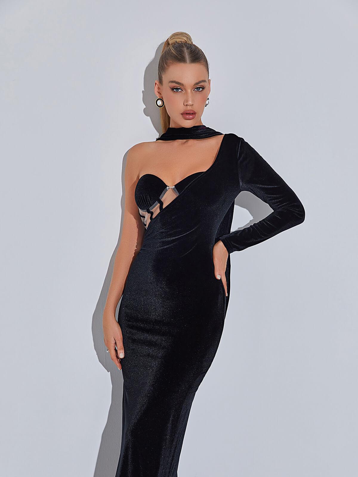 Black One-Shoulder Velvet Corset Maxi Dress | Mix Mix Style [Hot Seller]-Mix MIx Style