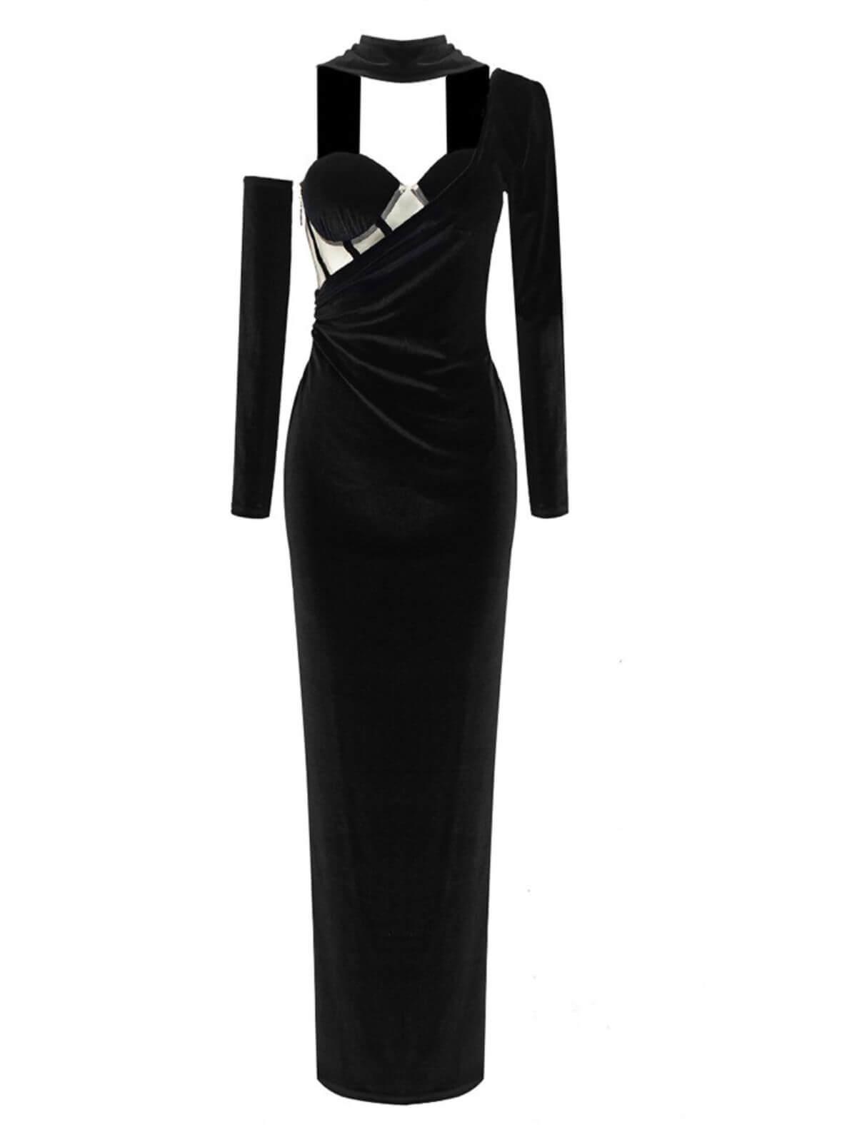 Black One-Shoulder Velvet Corset Maxi Dress | Mix Mix Style [Hot Seller]-Mix MIx Style