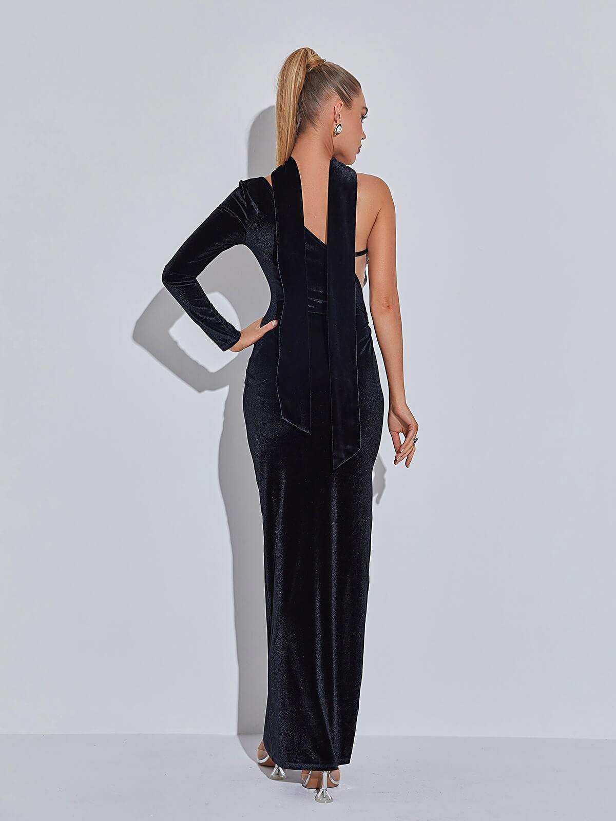 Black One-Shoulder Velvet Corset Maxi Dress | Mix Mix Style [Hot Seller]-Mix MIx Style