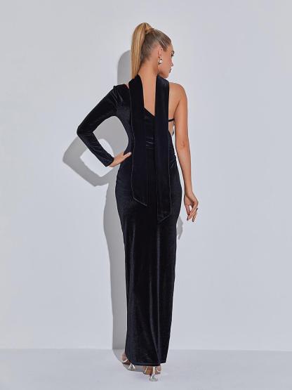 Black One-Shoulder Velvet Corset Maxi Dress | Mix Mix Style [Hot Seller]-Mix MIx Style