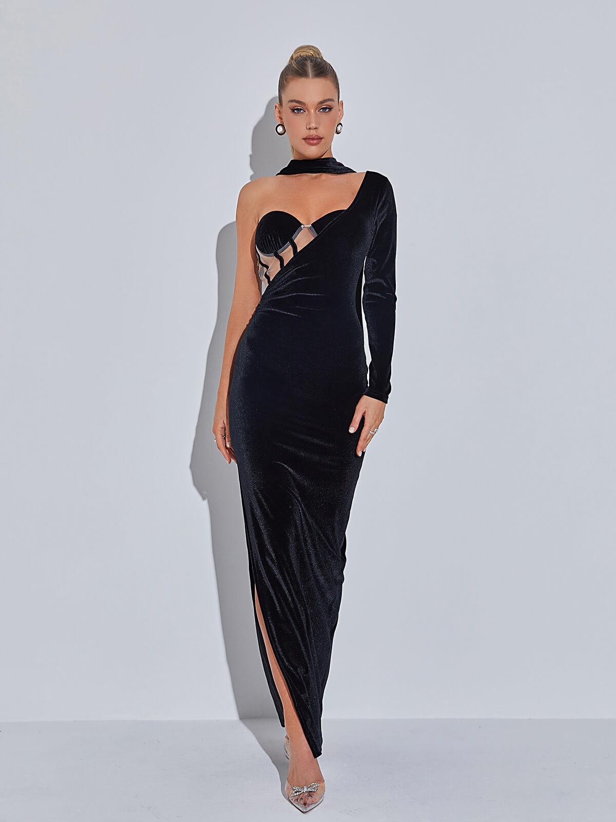 Black One-Shoulder Velvet Corset Maxi Dress | Mix Mix Style [Hot Seller]-Mix MIx Style