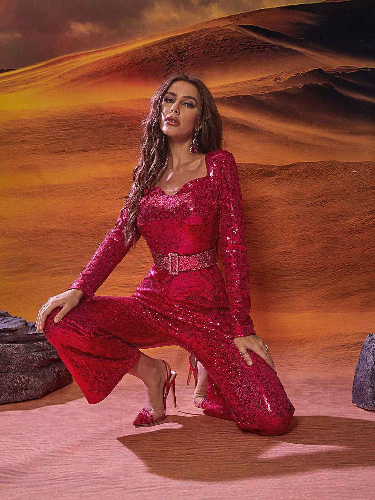 Long Sleeve Sequin Jumpsuit In Hot Pink | Mix Mix Style [Hot Seller]-Mix MIx Style