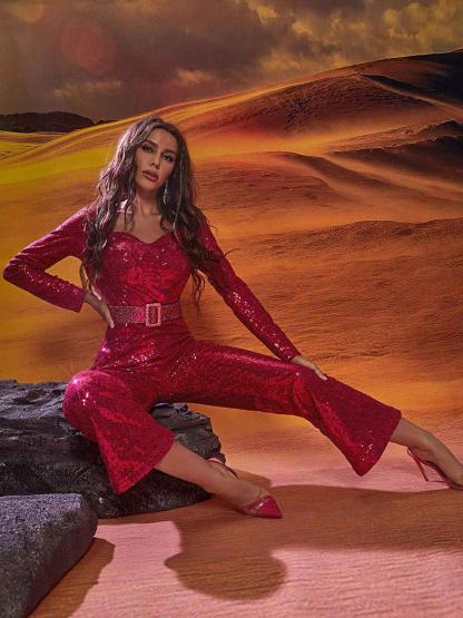 Long Sleeve Sequin Jumpsuit In Hot Pink | Mix Mix Style [Hot Seller]-Mix MIx Style