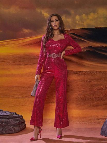 Long Sleeve Sequin Jumpsuit In Hot Pink | Mix Mix Style [Hot Seller]-Mix MIx Style
