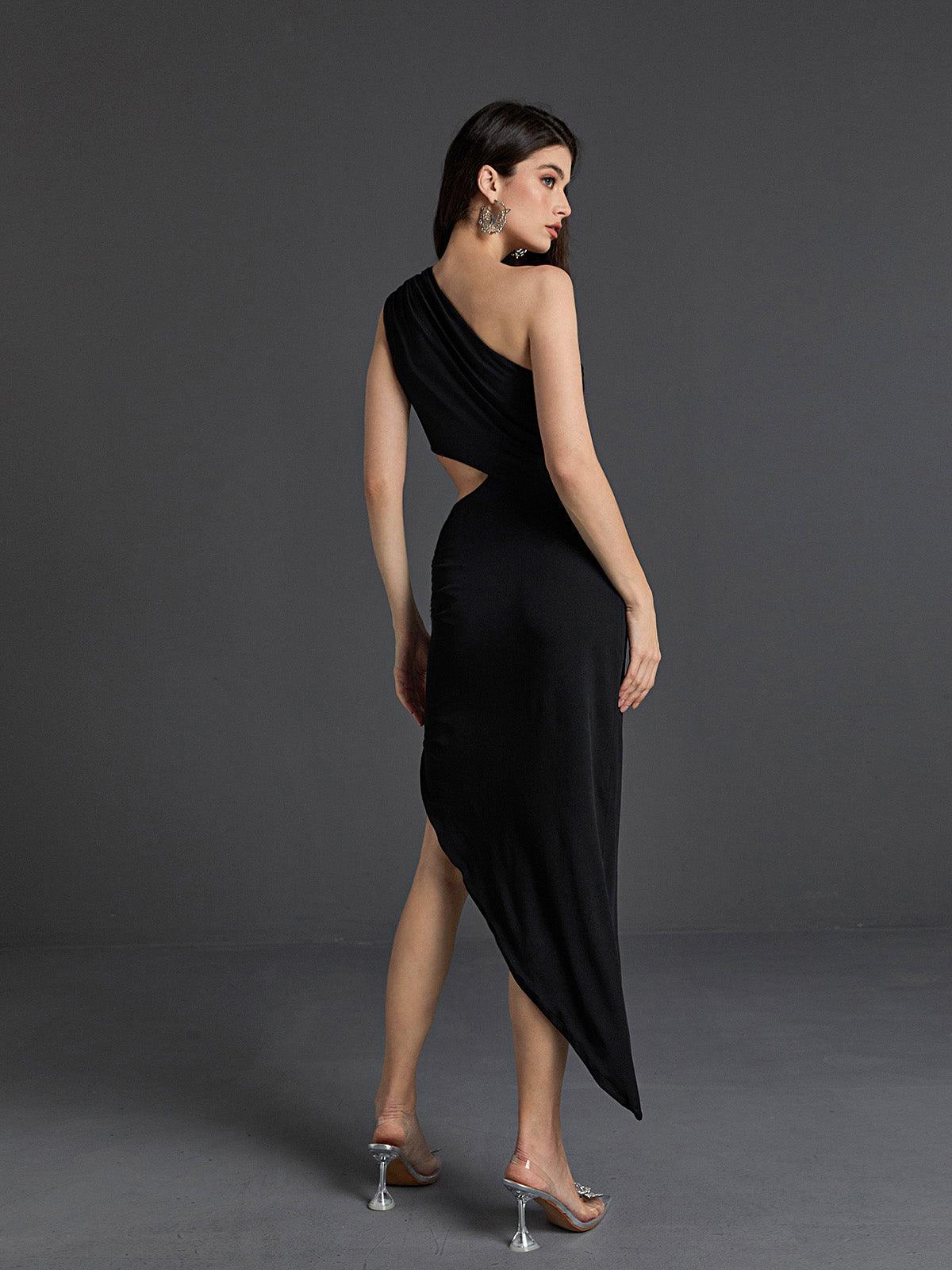 Shion One Shoulder Cutout Midi Dress In Black-Mix MIx Style