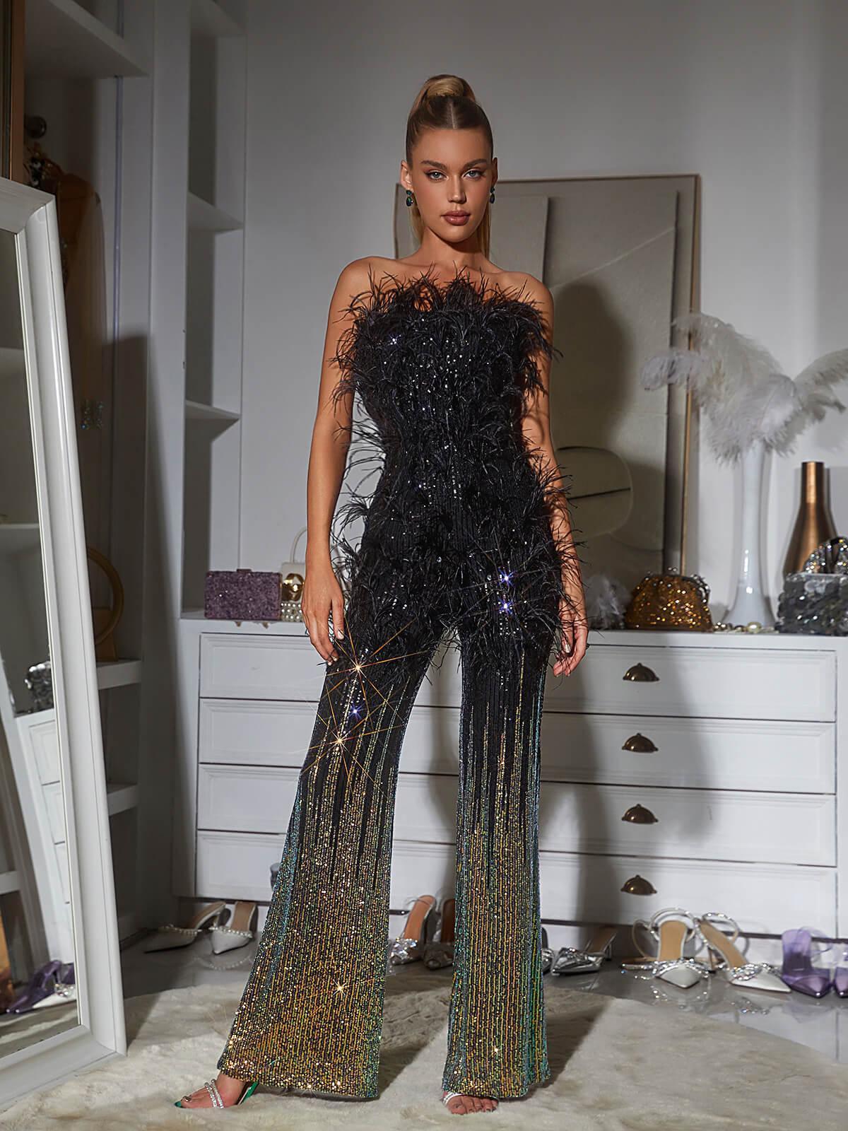 Black Ombre Feather Sequin Jumpsuit | Mix Mix Style [Hot Seller]-Mix MIx Style