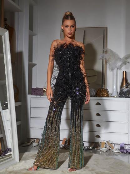 Black Ombre Feather Sequin Jumpsuit | Mix Mix Style [Hot Seller]-Mix MIx Style