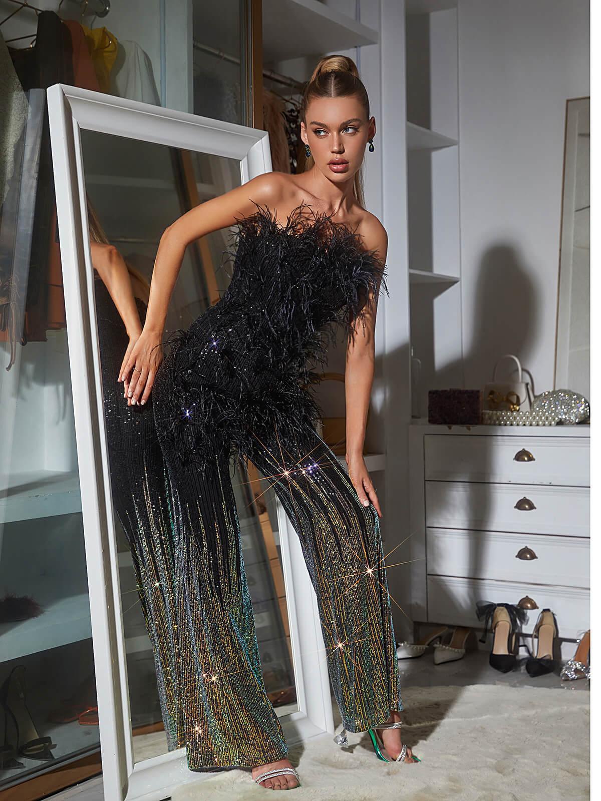 Black Ombre Feather Sequin Jumpsuit | Mix Mix Style [Hot Seller]-Mix MIx Style