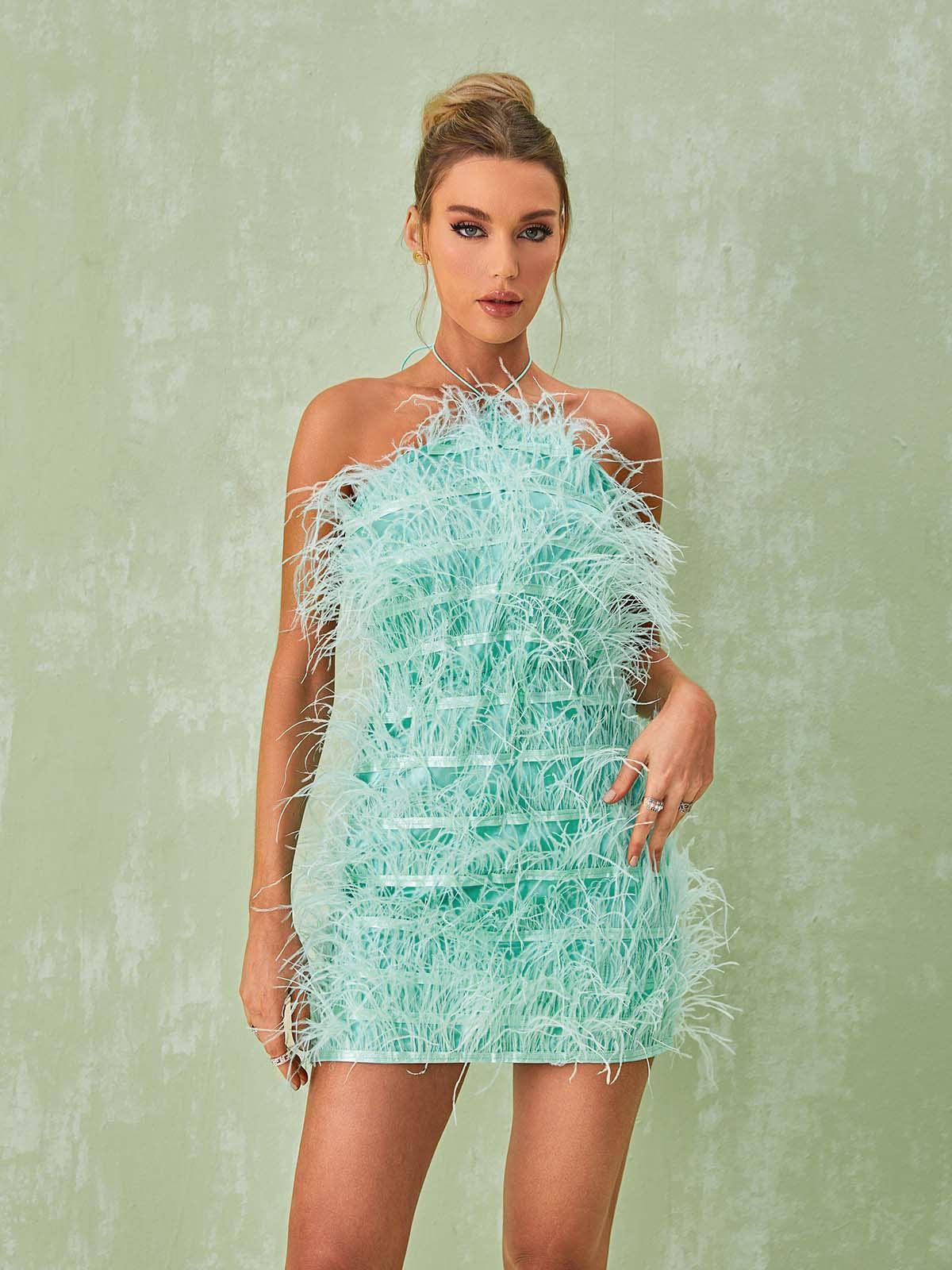 Shreya Feather Mini Dress In Mint-Mix MIx Style