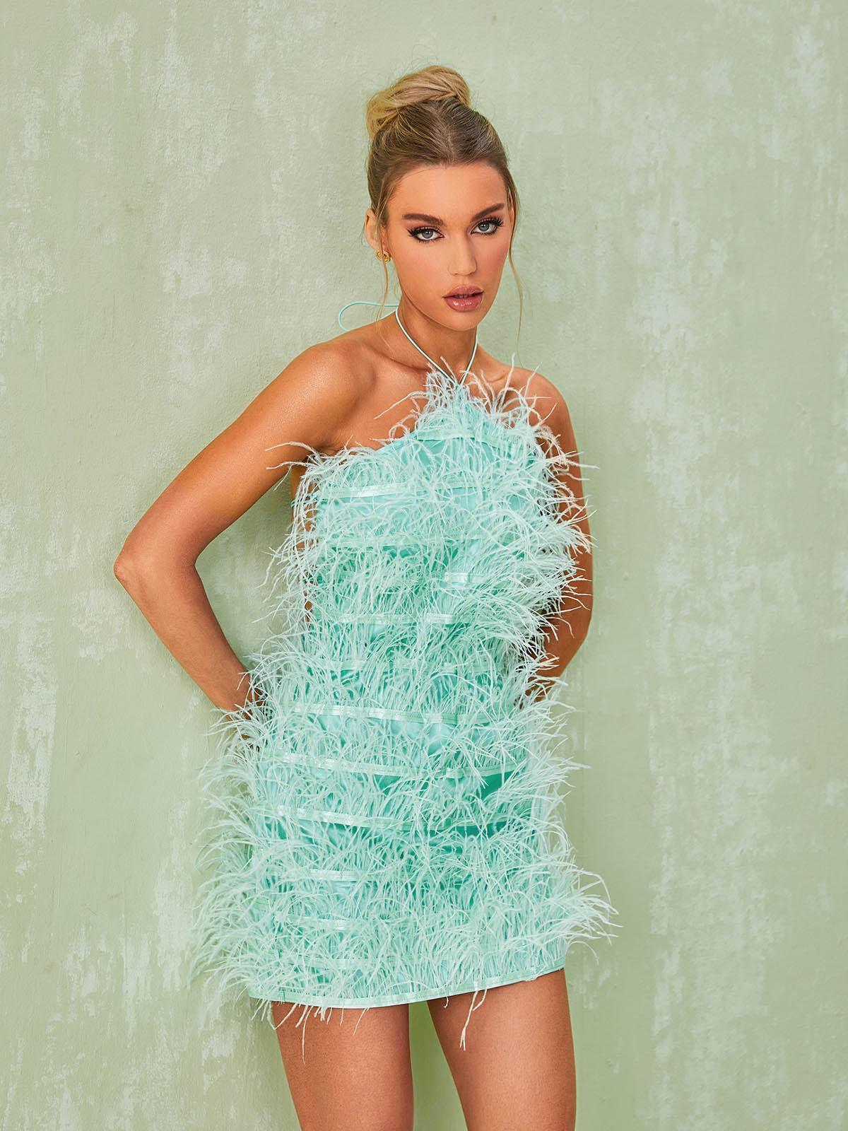 Shreya Feather Mini Dress In Mint-Mix MIx Style