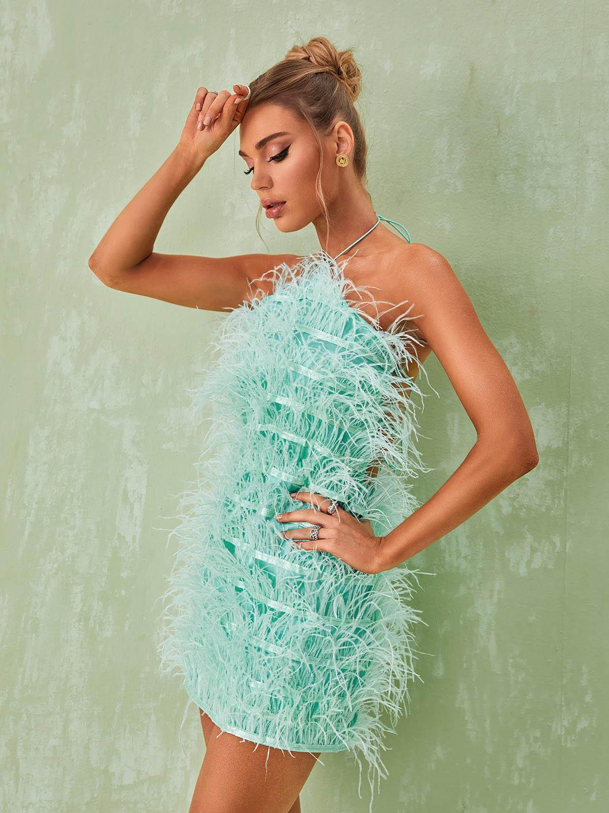 Shreya Feather Mini Dress In Mint-Mix MIx Style