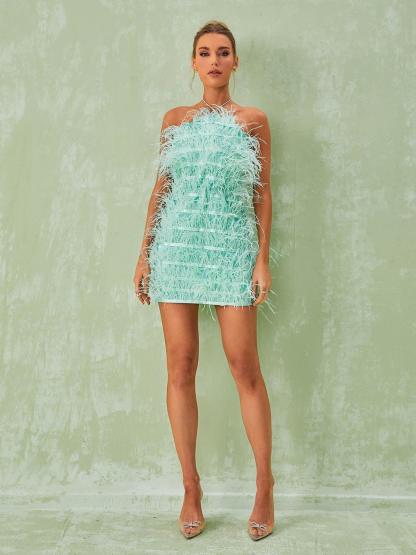 Shreya Feather Mini Dress In Mint-Mix MIx Style