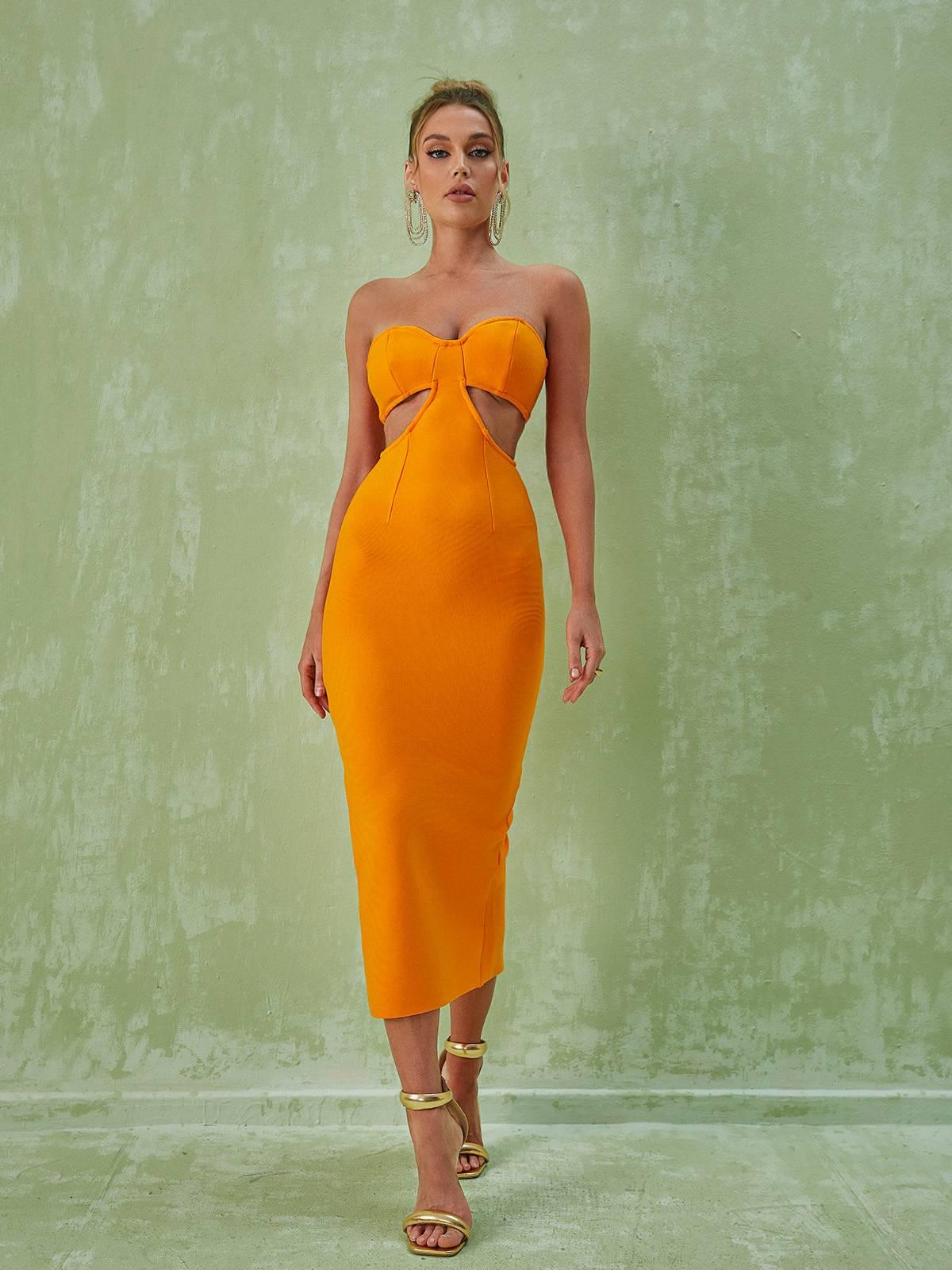 Sinead Strapless Cutout Bandage Dress In Orange-Mix MIx Style