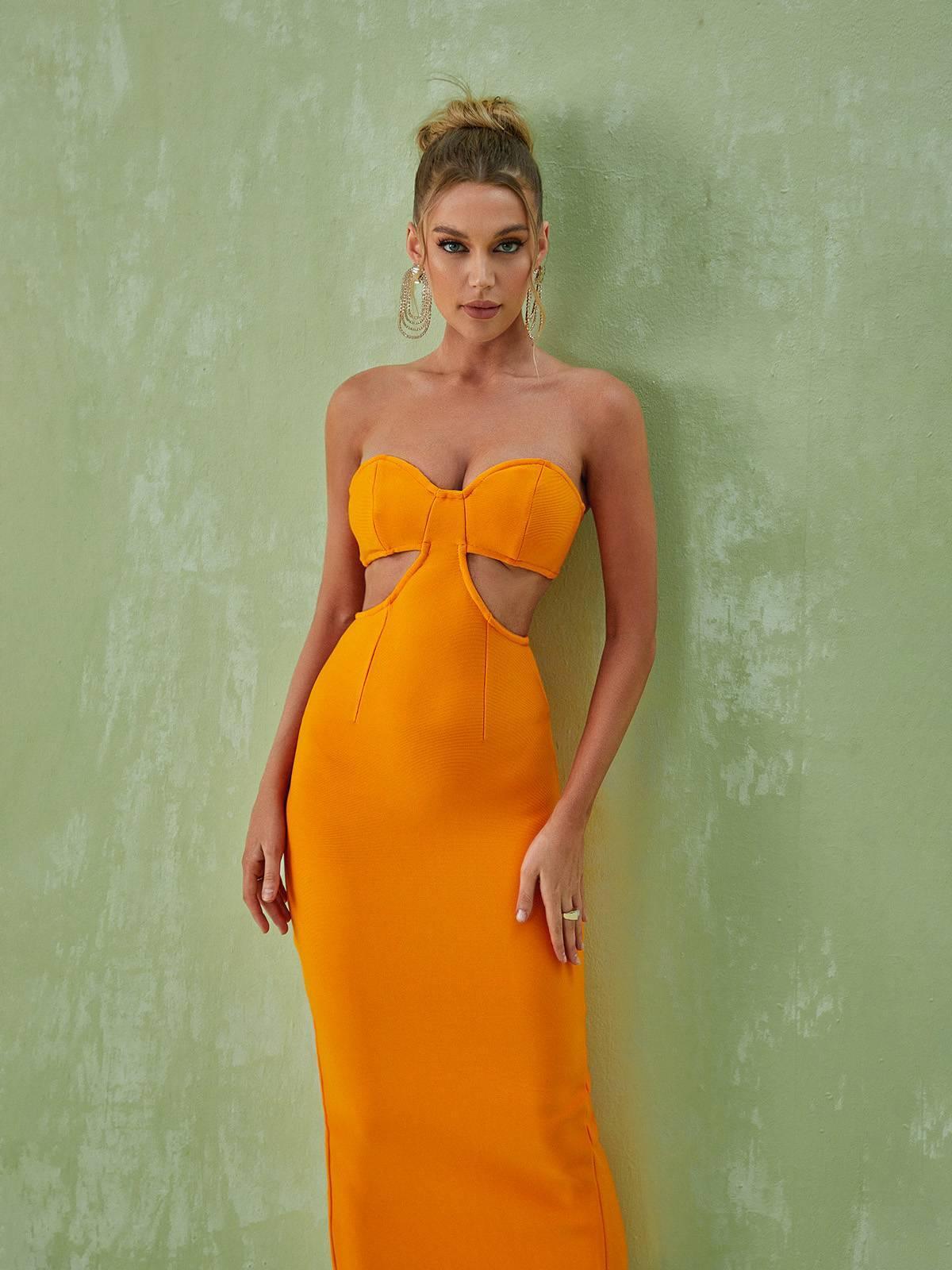Sinead Strapless Cutout Bandage Dress In Orange-Mix MIx Style